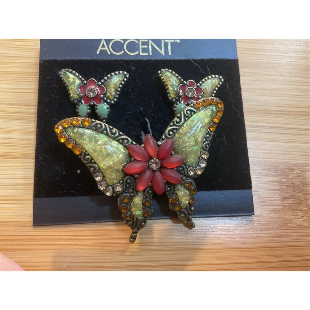 Vintage Brass Enameled And Rhinestone Butterfly Pendant And Earrings Set 1.75...